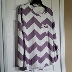 Mauve & White Zig Zag Women's T-Shirt Tunic Top Long Sleeve - Size L